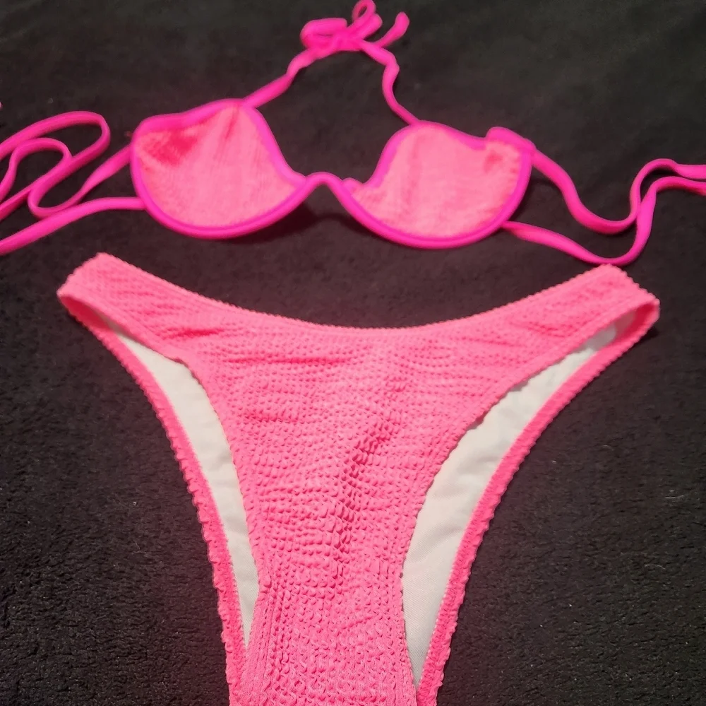 Seersucker Hot Pink String Bikini Large